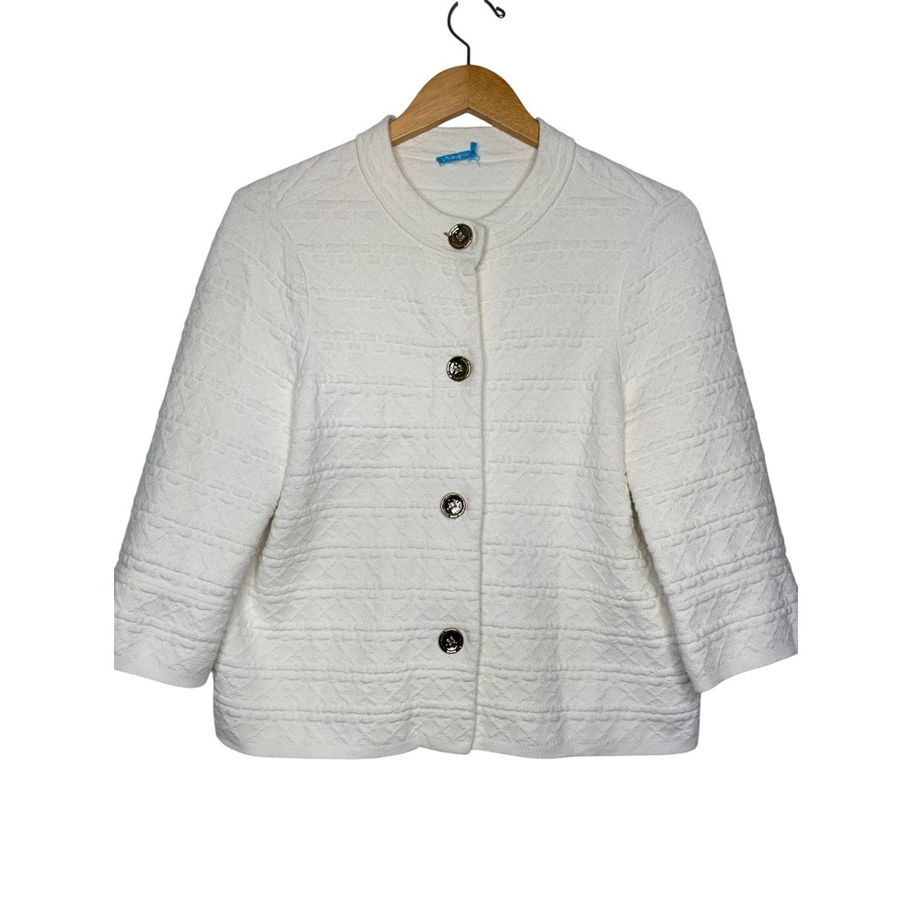 J.McLaughlin Gold Button Cardigan Size L White Textured Knit Office Preppy